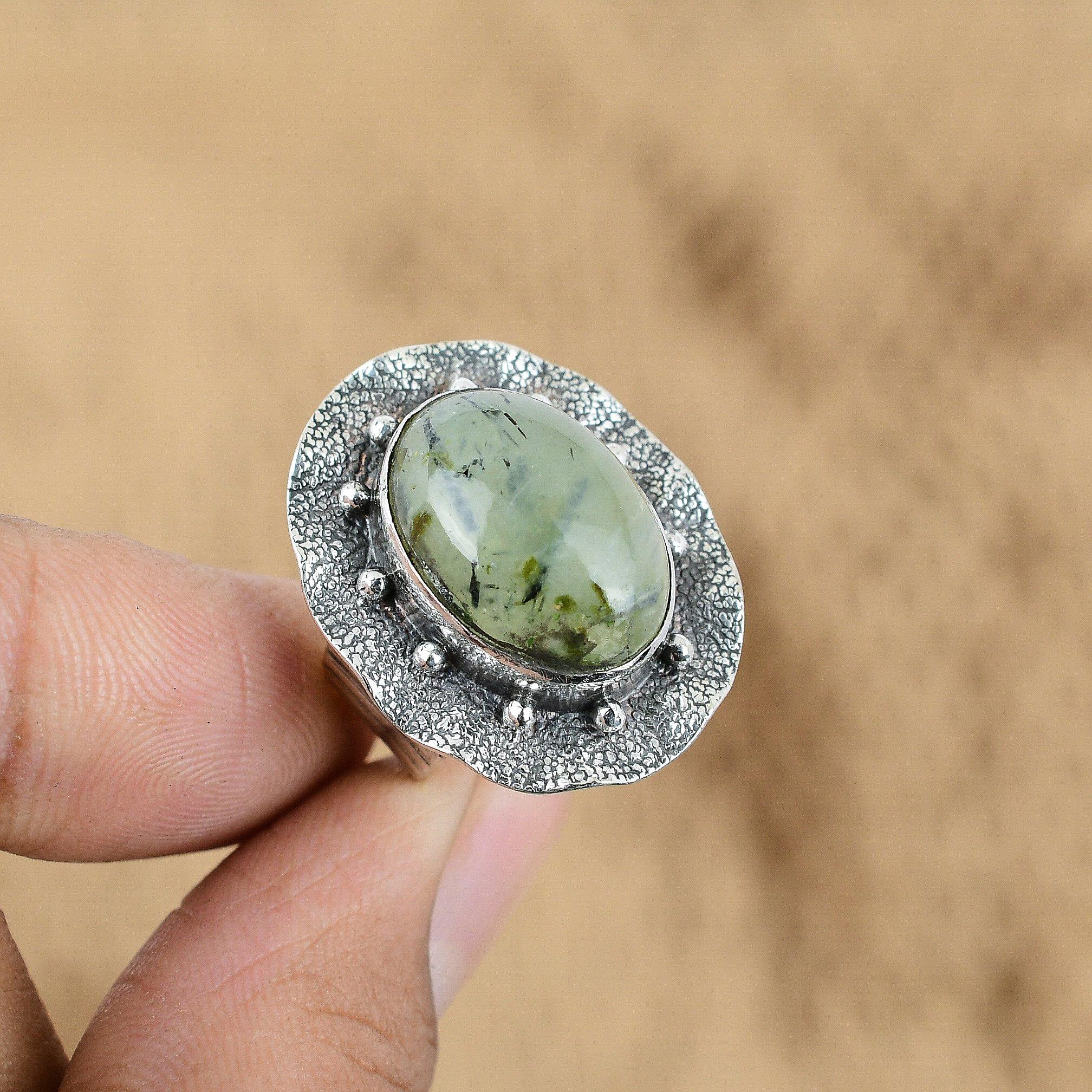 

Mothers day Sale 925 Sterling Silver Moss Prehnite Gemstone Handmade Ring Size 6 No