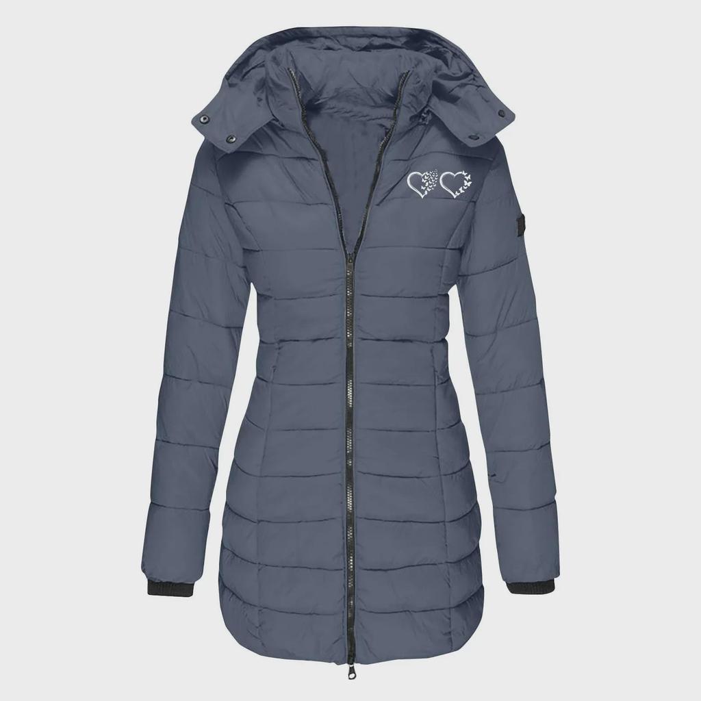 European Size Women's Mid-Length Hooded Winter Cotton Coat - Slim Fit, Solid Color, with Printed Details