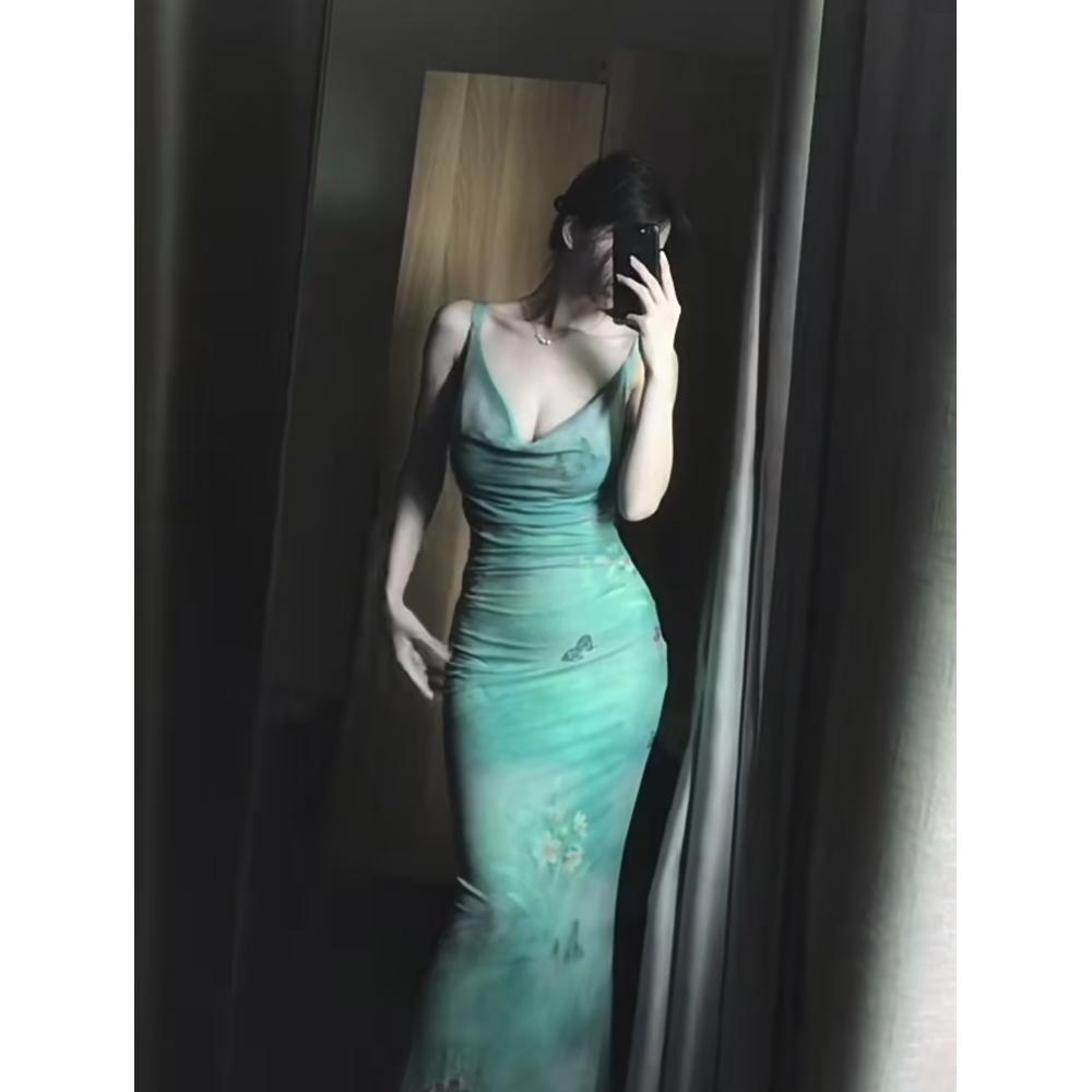 Butterfly Print Swinging Collar Suspender Dress Women's Summer Fishtail Skirt Waist Skirt Showing Figure Hip-wrapped Dress