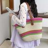 Polyester Shopping Straw Bag Lightweight Summer Beach Handbag Stripe Woven Tote Bag  School