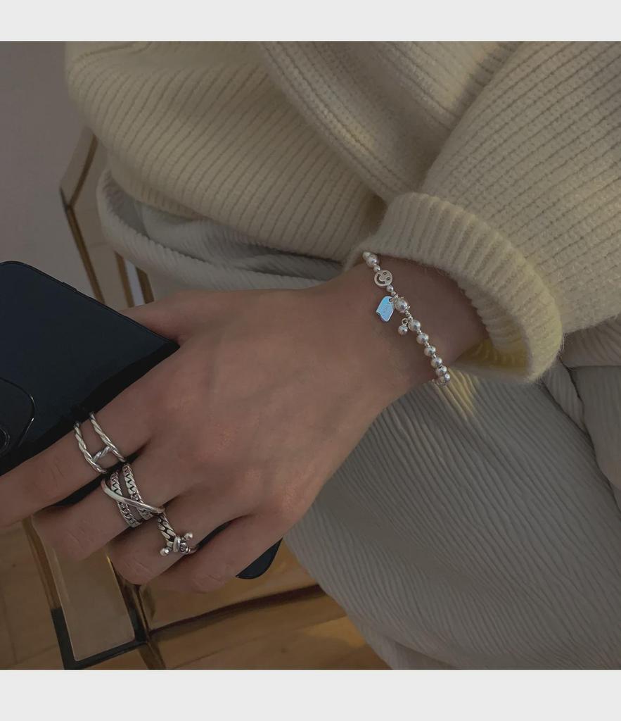 Koreańska srebrna bransoletka S925 z uśmiechnięą buźką: Koralik Retro, Kwadratowa Zawieszka, Symbol Szczęścia