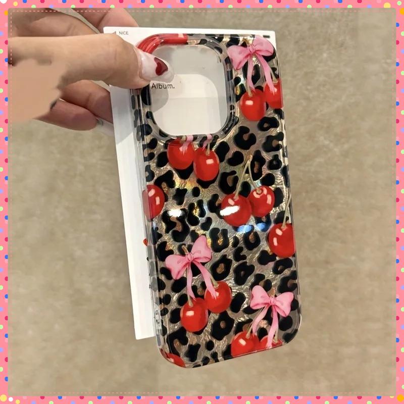 Luxury Cute Pink Bowknot Leopard Cherry Phone Case For iPhone 17 16 Pro Max Case iPhone 17 15 14 13 12 11 XS X XR 7 8 Plus Cover