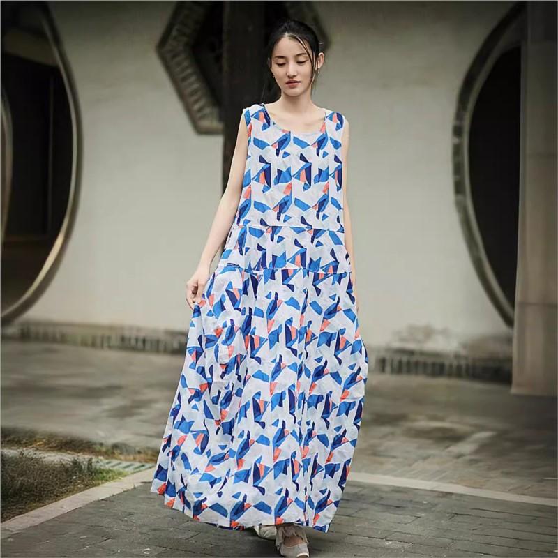 Johnature Women Vintage Sleeveless Dress O-Neck Jacquard Summer High Quality Female Dress