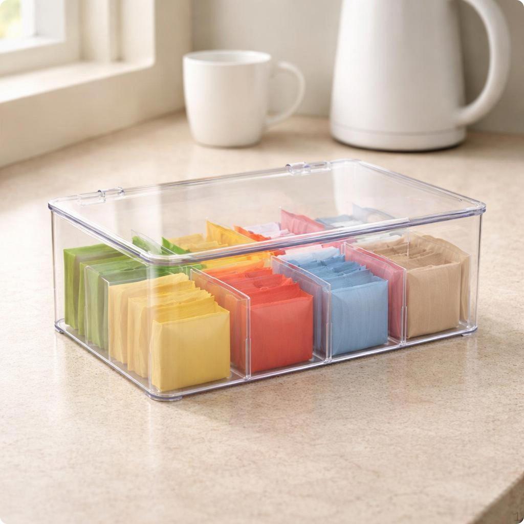 Tea Packet Organizer Transparent Storage Box Dustproof Lidded Compartment for Desktop,