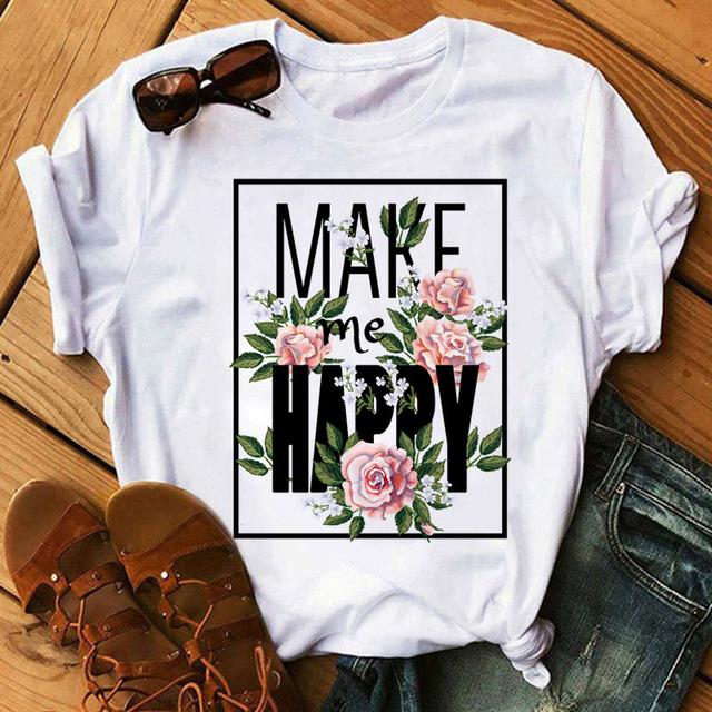 Fashion Women T Shirt Flower Printed T Shirt Casual Black Tops 90s Ladies Girl Tee Shirt Female Harajuku Graphic T -Shirt