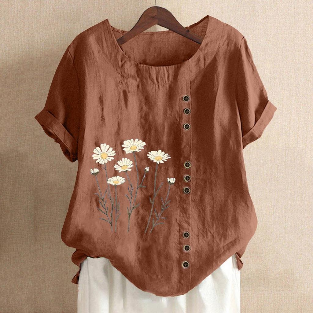 Mote dame avslappet rund hals kort erm bomull og lin trykt t-skjorte topp