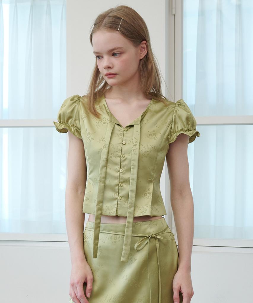 OPENING SUNSHINE Set - Satin Jacquard Tie Blouse + H Midi Skirt Olive