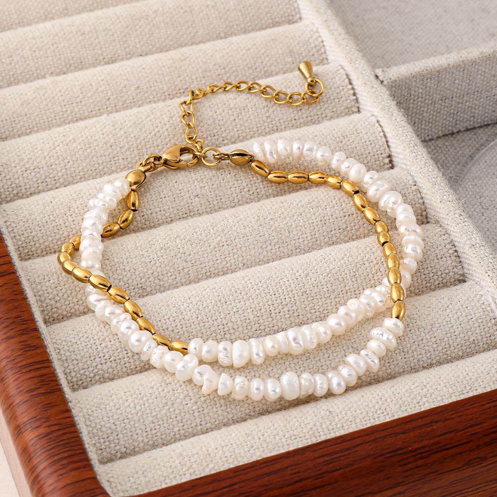 GEMCHIC Women's Freshwater Pearl Necklace and Bracelet Set Stainless Steel Layered Jewelry