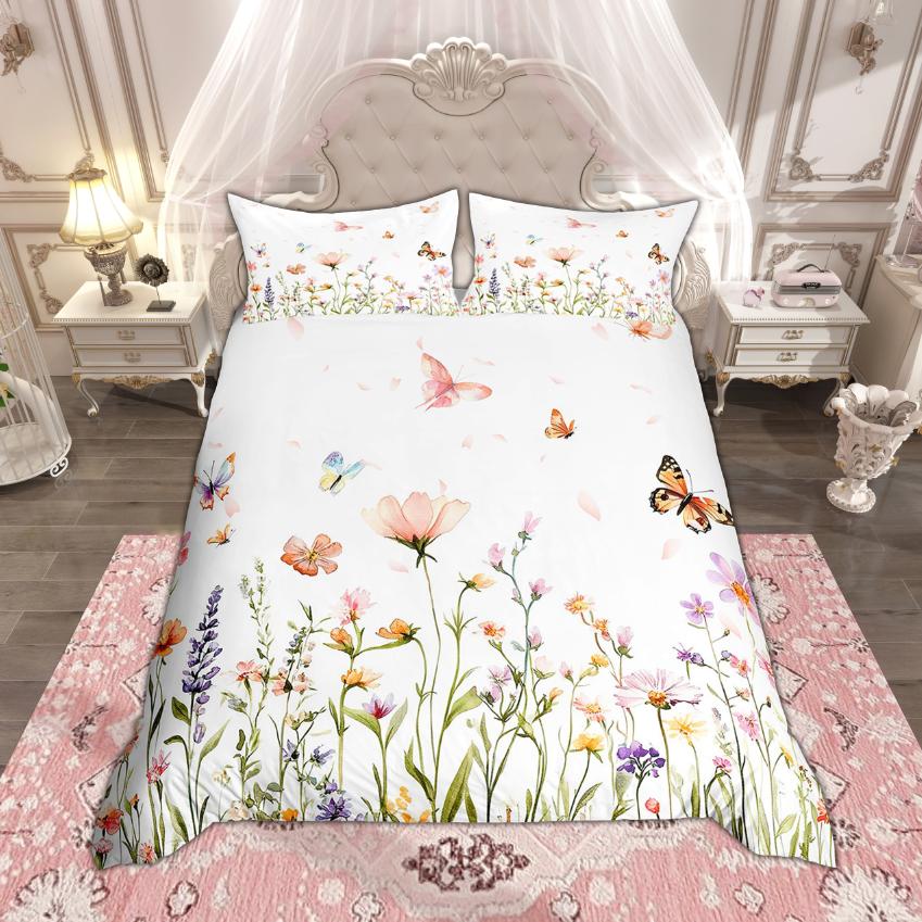 Homewish Chic Butterfly Duvet Cover Set For Girls Flower Floral Bedding Set Animal Wildlife Quilt Cover Set EU Single(135*200cm)3pcs