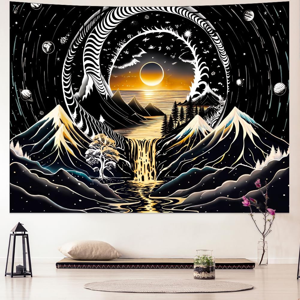 Amhokhui Black and White Tapestry Sun Mountain Tapestry Starry Night Aesthetic Tapestries Trippy River Landscape Tapestries Dark Wall Hanging Decor