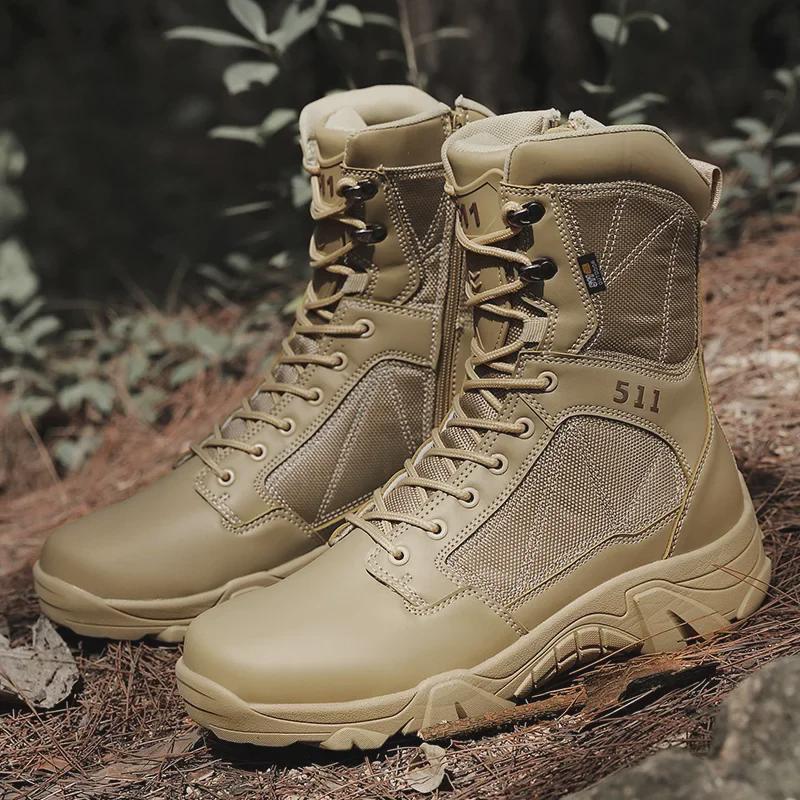 Men's High-Top Leather Outdoor Work Boots - Large Size, Lace-Up, Thick-Sole for Hiking, Autumn/Winter.