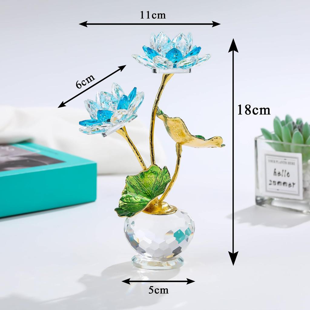 Kertari K9 Crystal Glass Lotus Flower Metal Lotus Leaf Artificial Flower Home Decor Ornament Crystal Lotus Good Luck Feng Shui Item Never Withers