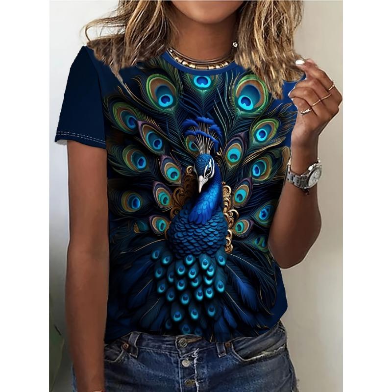 Women s T-shirt - Peacock Feather Pattern, suitable for casual daily wear 2XS