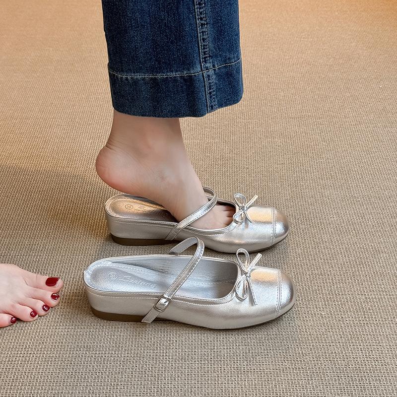 Small inner height increase silver bow bag head half slippers women's summer wear 2025 new one-word with thick bottom