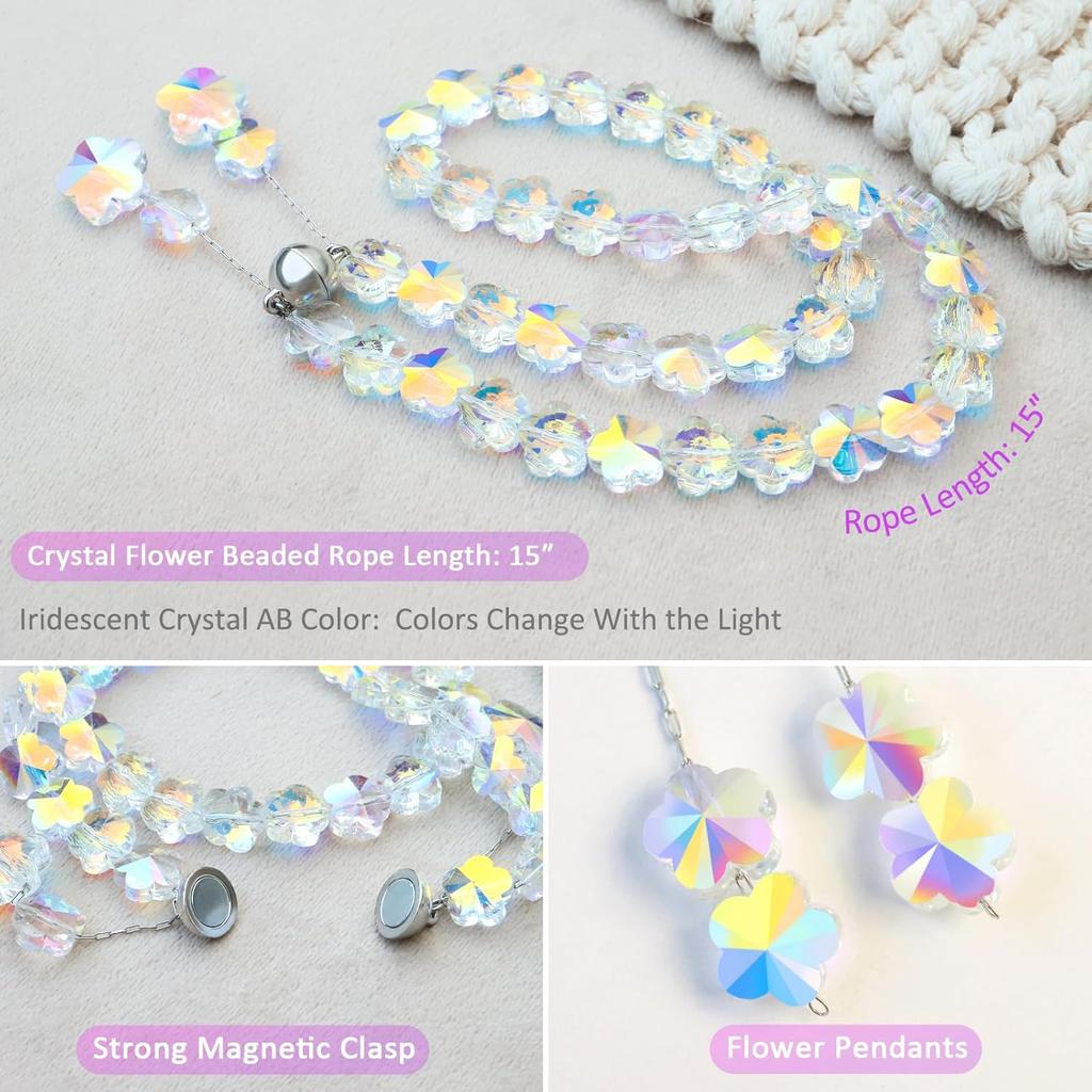 Magnetic Curtain Tiebacks,Crystal Beads Rope Drapery Holdbacks Holder for Small,Thin or Sheer Window Draperies,15 Inch Long,2 Pack (Flower)