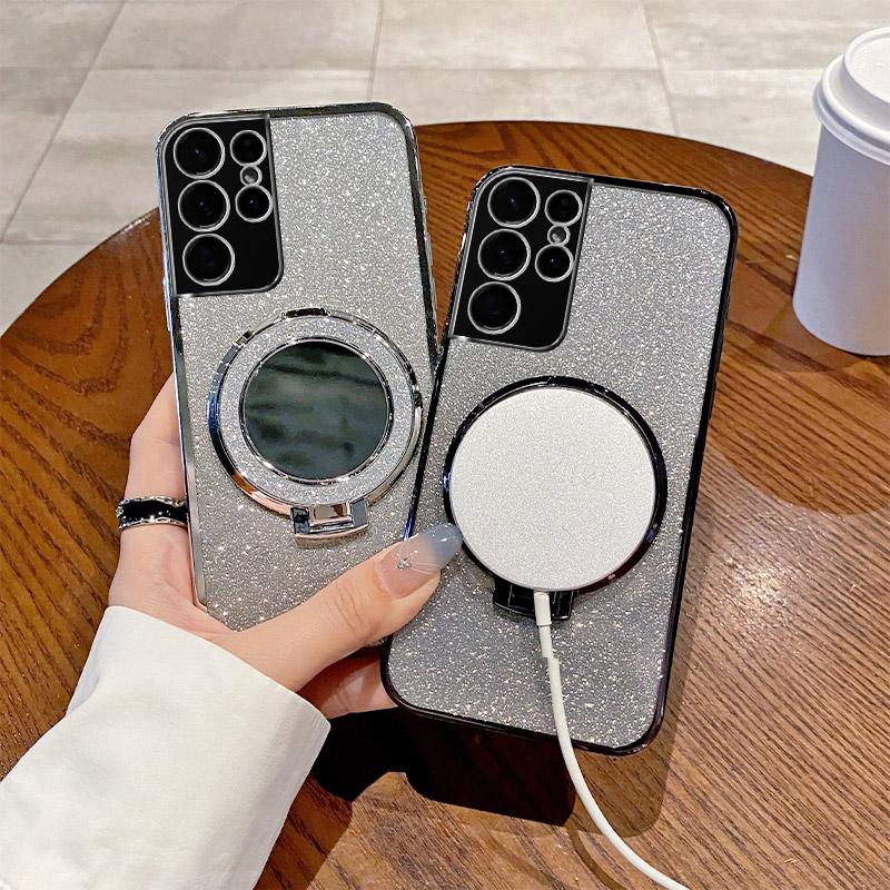 S21 Bling Magnetic Phone Case For Samsung Galaxy S21 Plus S21 Ultra Glitter Mirror Stand Silicone Protector Soft Cover S21 FE