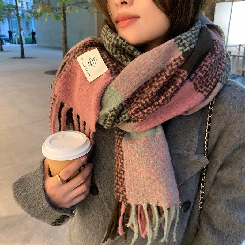 Korean Style Scarf with White Pink and Green Plaid Shawl Warm Neck Scarf for Women  Thickened  Versatile Color Matching Plaid