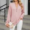 Women's Fashionable Solid Color V-neck Long Sleeved Button Casual Pullover Top