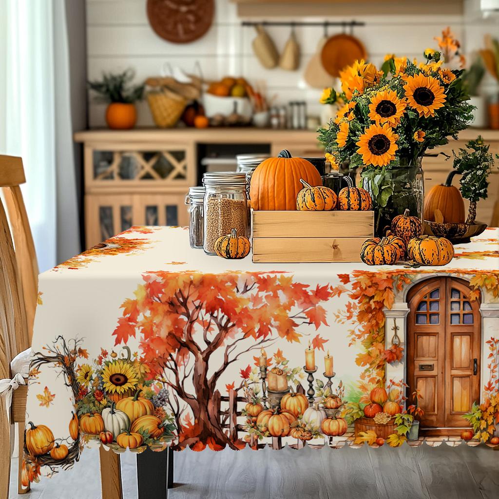 1 Piece Autum Collection Theme Round And Rectangular Tablecloth, Various Sizes, Pumpkin And Autum Fallen Leaf Print Pattern Decorative Tablecloth, Tha