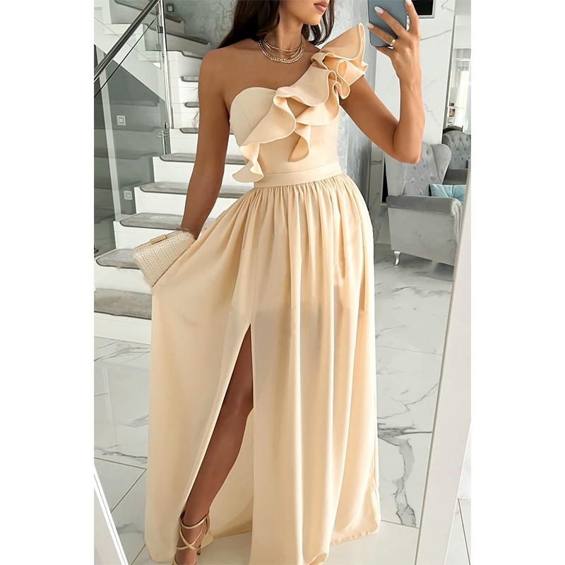Summer Sleeveless Open Road Shoulder Lotus Leaf Hem Split Dress Women