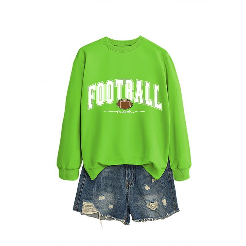 Womens Casual Round Neck Long Sleeve Cotton Sweatshirt With Football Mom Print - Loose Fit Plus Size S-XXL