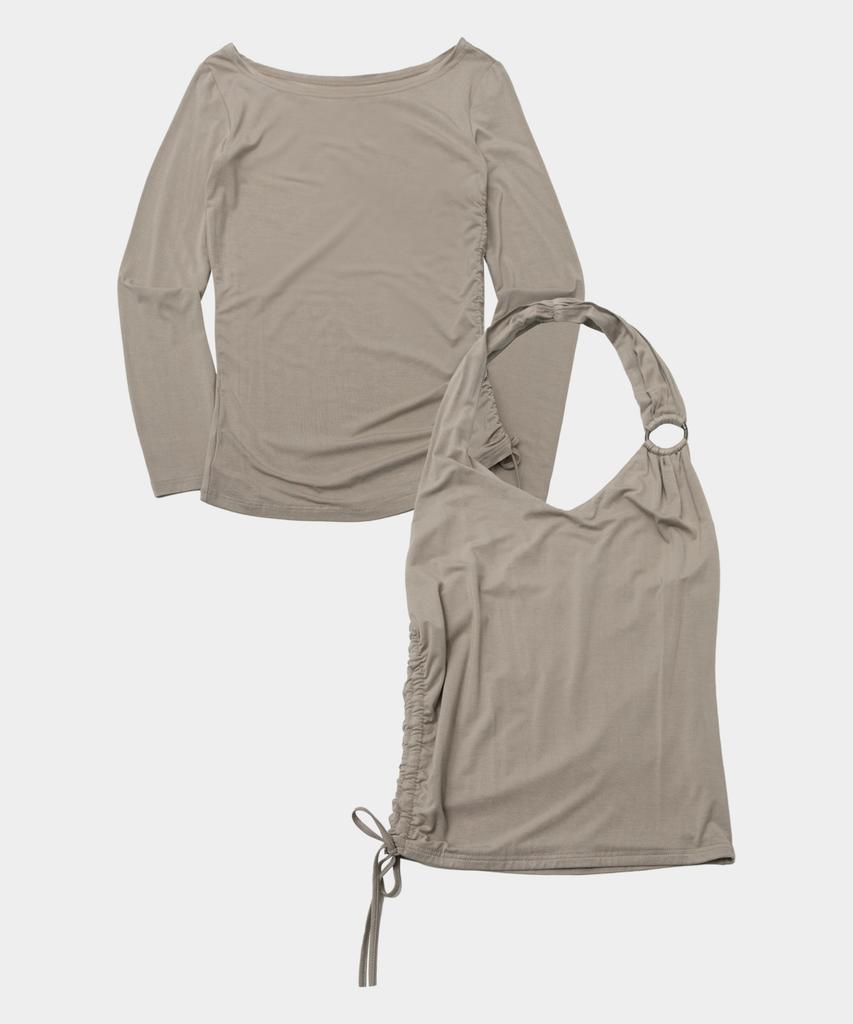 PLACE STUDIO Halter Neck Shirred Strap O-Ring Point Layered Sleeveless T-Shirt Set _3 Colors