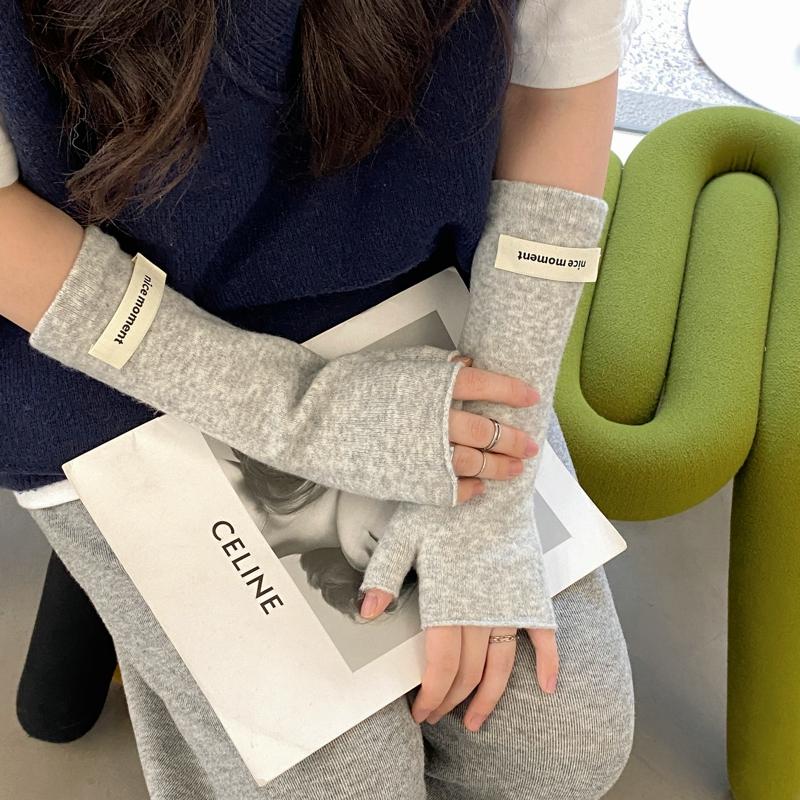 Korean-Style Women Letter Labeling Arm Warmers Knitted Fingerless Gloves Wrist Sleeves Harajuku Pure Color Gloves For Women