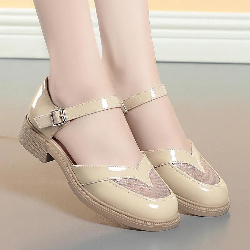 5.5cm Fashion Breathable Mesh Leather Sandals Mary Janes Summer 2025 Close Head Med Heels Sandals Women for Office Mom Girls
