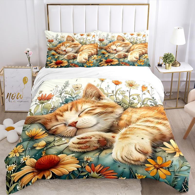 3pcs Sleeping Ginger Kitten Printed Quilt Set, Soft and Comfortable Quilt Cover for Bedroom