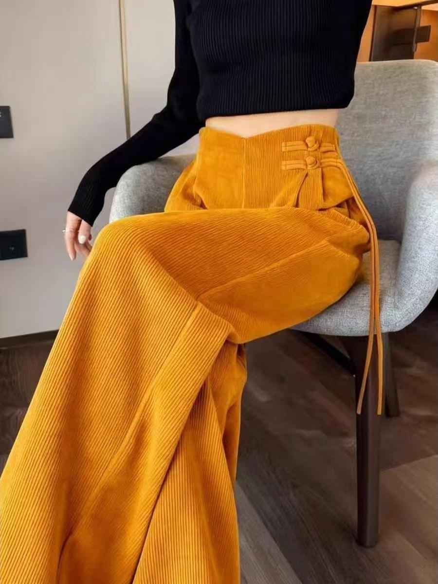 

High-Waisted Orange Corduroy Plus Velvet Wide-Leg Pants with Tassel and Frog Button L