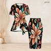 Women Plus Size Floral Printed Round Neck Short Sleeve Tie Waist Top Fitted Skirt Two Piece Set