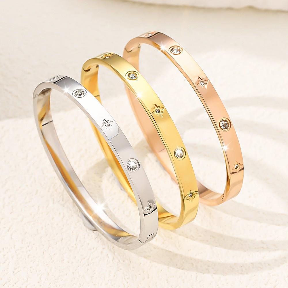 18K Gold Electroplated Stainless Steel Bracelet with Rhinestones and Eight-Pointed Star Design for Women