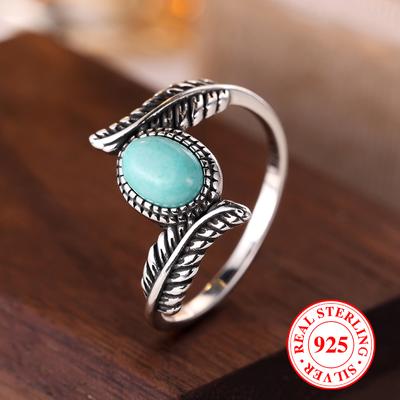 S925 Thai Silver Rings for Men Women Elegant Retro Design Wide Oval Turquoise Feather Ring Wedding Party Jewelry