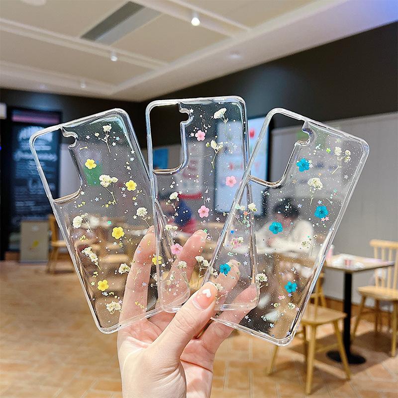 For Samsung S25ultra Flower Phone Case S24Plus Glitter Pink Sequin A16 Transparent A35 Real Flower Niche