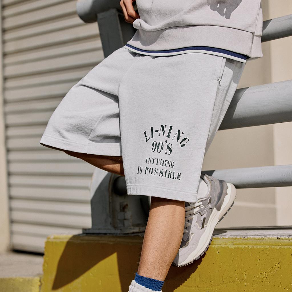 Li-Ning Sports Lifestyle Series Lace-Up Printed Letter Casual Loose Shorts Men shorts Lin-Chuan-Gray AKSU625-5