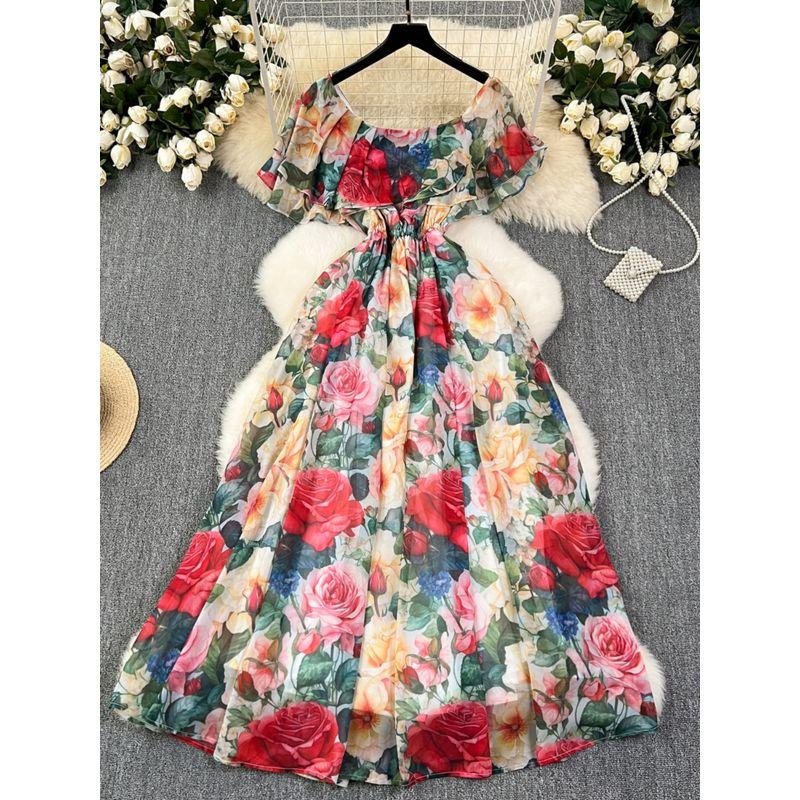 French Style Retro Print Tea Dress Women's Summer Gentle Waist Slim Looking Temperamental Fairy Ruffles Chiffon Dress