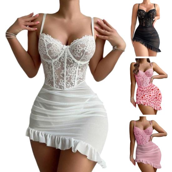 Sexy Lace Sheer Babydoll Dress for Women See Through Chemise Mesh Nightgown Mini Dress Spaghetti Strap