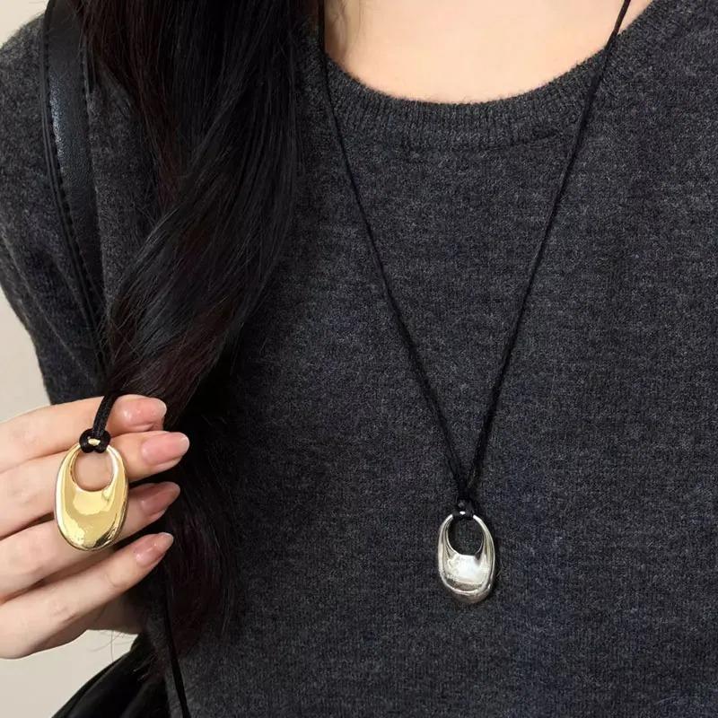 Fashion Silver Gold Bead Black Cord Necklace Unisex Geometric Pendant Minimalist Long Chain for Women Men Layering Jewelry