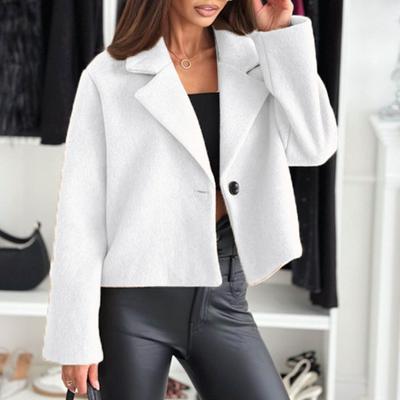 Women Woolen Jacket Turn-down Collar Solid Color Single Button Closure Coat Loose Short Type Thermal Long Sleeved Commuting Dating Fall Winter Coat