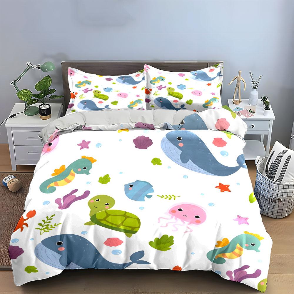Cute Cartoon Ocean Animal Repeat Bedding Set 3pcs, Whale Seahorse Turtle Jellyfish Kids Print 1 Duvet Cover 2 Pillowcase, Gift
