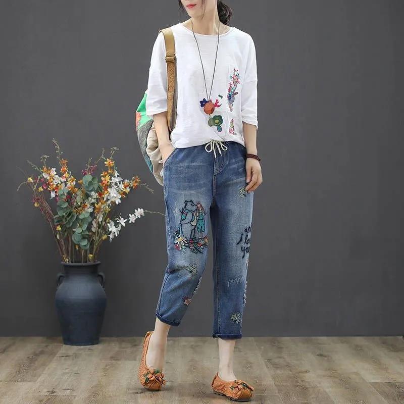 Embroidery Ankle-Length Baggy Jeans Elastic High Waist Capris Lace Up Harem Denim Pants Women  Oversized Pantalon