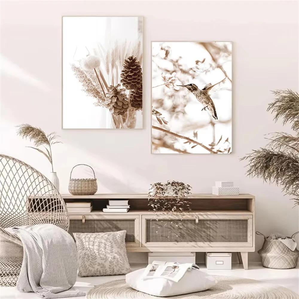 Beige Landscape Sunset Bridge Poster Seaside Canvas Print Painting Reed Flower Bird Wall Art Nordic Living Room Decoration Mural