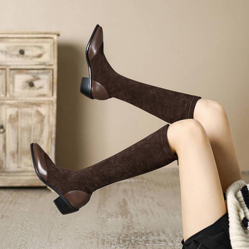 Autumn and winter middle heel Martin boots women's rubber sole large size women's boots solid color pointed square heel suede leather boots high bo