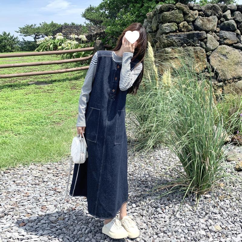 Damen 2025 Herbst Retro Denim Weste & Gestreiftes Top Kleid Set
