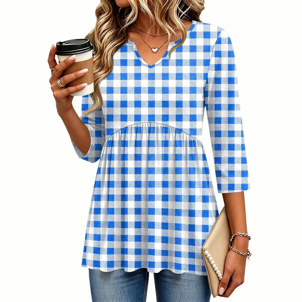 Women's Casual Floral Print V-Neck Three-Quarter Sleeve Blouse for Spring and Summer