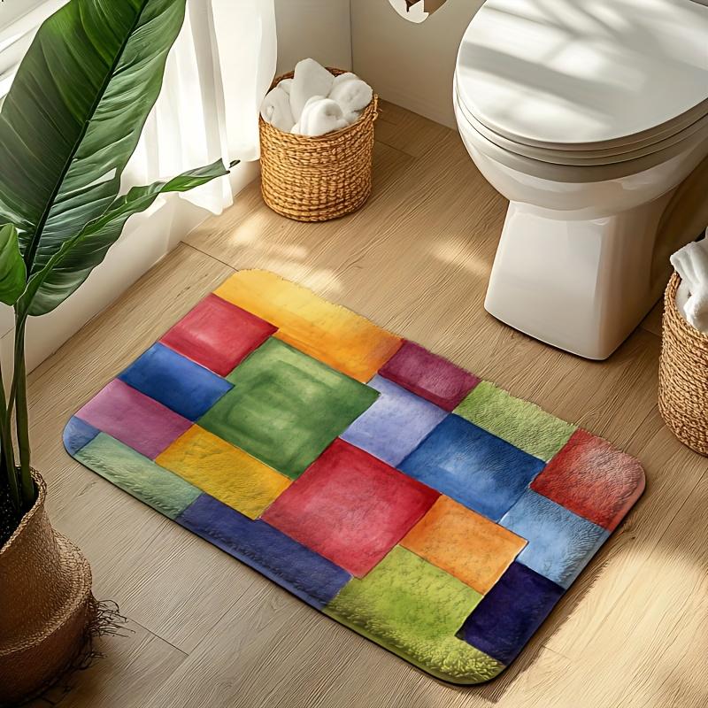Tapis de bain en flanelle imprimé de carrés d'aquarelle colorés avec design d'art abstrait Tapis doux antidérapant pour salle de bain ou décoration intérieure