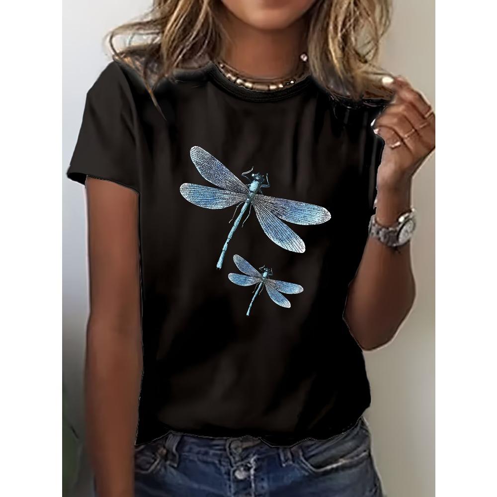 Crew Neck Short Sleeve Watercolor Style Dragonfly Print T Shirt Women's Outfits Daily Wear Lady Soft Sportswear Basic Top