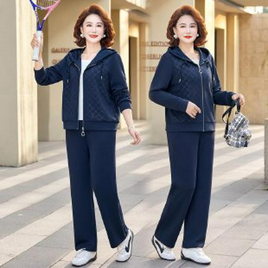 

Women s Casual Spring/Autumn Sportswear: Stylish Two-Piece Set for Middle-Aged Moms 5XL темно-синього кольору