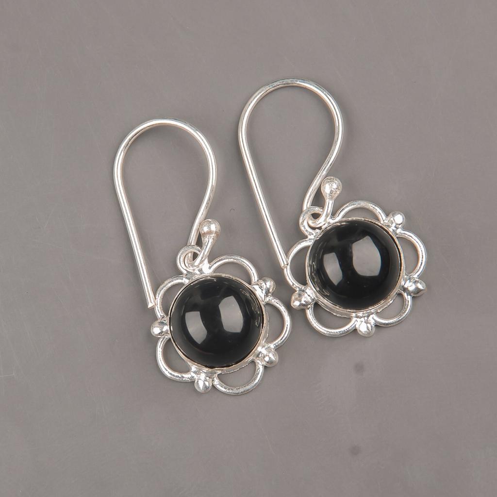 Natural Black Tourmaline Gemstone 925 Sterling Silver Jewelry Hook Earrings1.40" EE-56-20