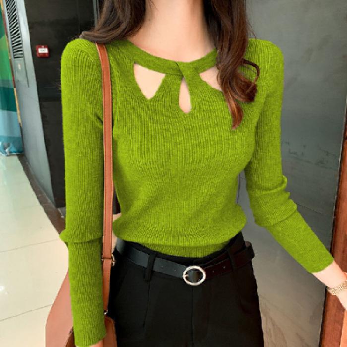 Women's O Neck Stretch Sexy Pullover Lady Autumn Winter Hollow Solid Color Sweater Slim Bottoming Shirt Jumper